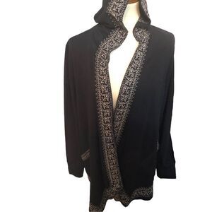 Style & Co. Black Open Front Embroidered Hooded Open Front French Terry Jacket s